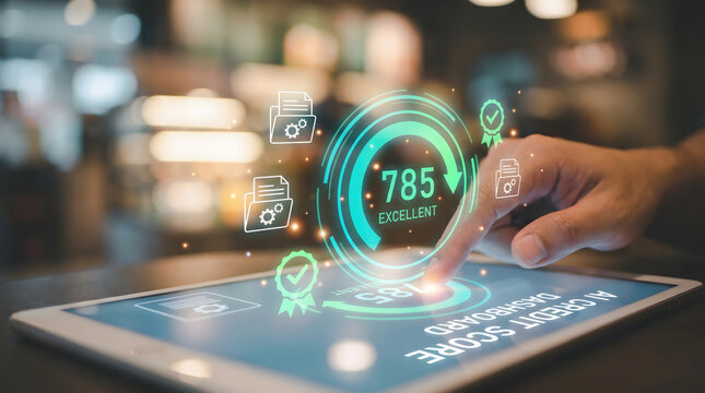Finger Touching Tablet With AI Credit Score Dashboard Showing Excellent Rating Of Seven Hundred Eighty Five
