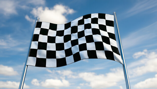 Checkered rally flag atop metal poles