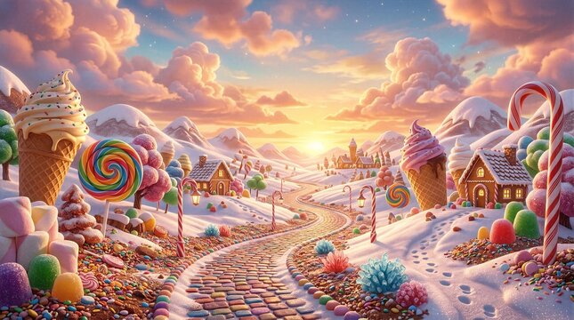 Fantasy candy land landscape with ice cream mountains, lollipop trees and colorful path at sunset.