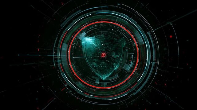 Cyber defense, security shield, futuristic interface, network monitoring, data analytics, rotating dashboard, digital protection, technology display.