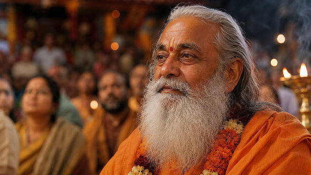 Devotional elderly guru portrait with flower garland and candlelight crowd during guru purnima hindu relegious festival in sacred evening gathering ceremony hall