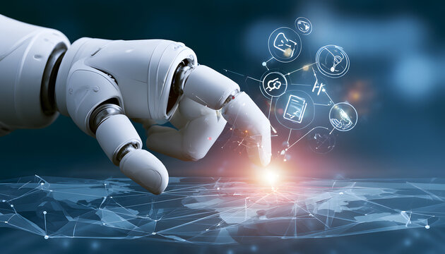 A forward-thinking robotic hand engaging with digital educational components on a global geometric layout within a technologically inspired setting.