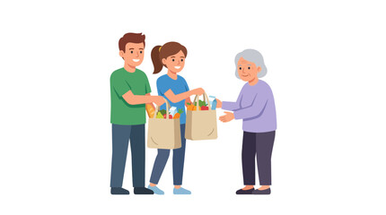 Obraz premium Young couple helping elderly woman with groceries, community support, kindness