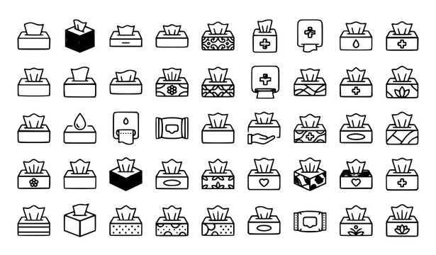Tissue box icon set linear designs for hygiene and healthcare applications