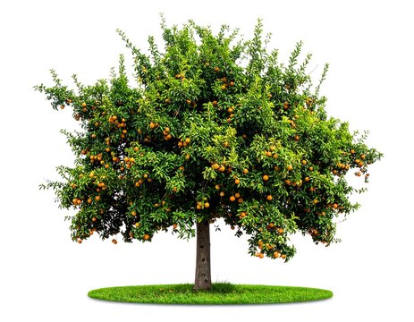 A vibrant tree with lush green leaves and orange fruits on a grassy patch