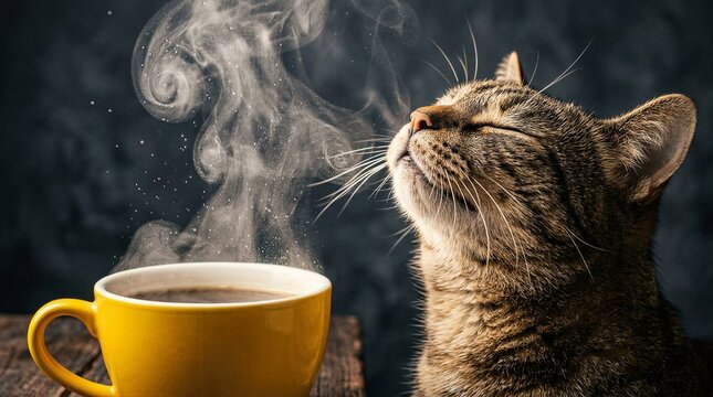 Cute tabby cat enjoying the aroma of a steaming hot cup of coffee in a bright yellow mug.