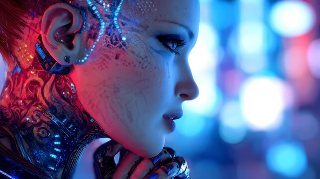 Closeup of man in red fantasy armor with glowing blue eyes and magical energy