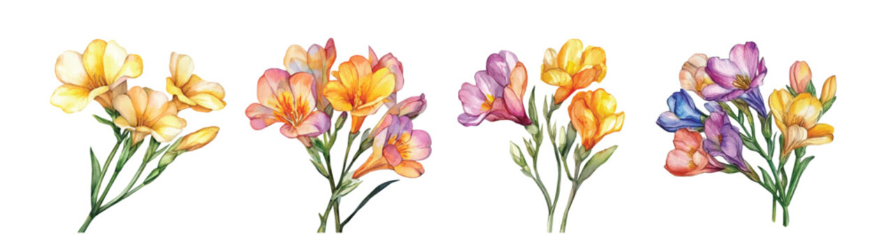 An Elegant vector design, EPS format. vector flower set design. illustration, Artwork collection, A painted in watercolor, this hand-drawn freesia flower, isolated on a white background