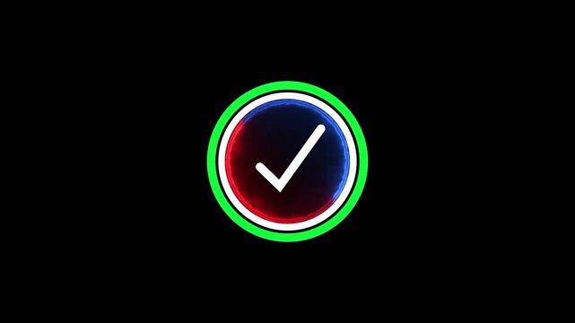 Glowing Neon Checkmark Animation in Futuristic Green and Blue Circular Loader Ring with Red Tech Elements on Black Background.