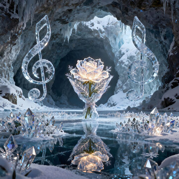 Crystal rose in an icy cave with glass music notes, frozen lake reflection, sparkling ice crystals, snowflakes, winter magic, ethereal blue light, and surreal romantic scenery.
