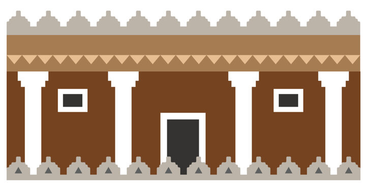 Traditional Arabian Mudbrick House Facade Vector Illustration Inspired by Najdi Architecture with Geometric Decorative Elements and Heritage Design
