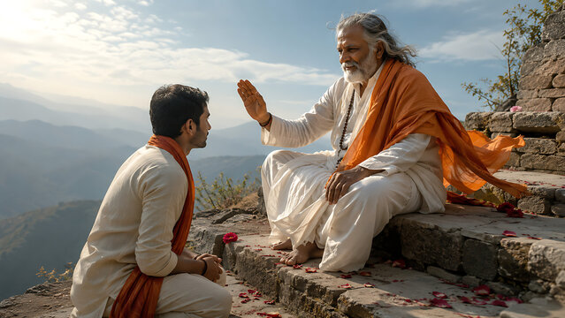 Guru purnima hindu relegious festival mountain blessing scene with elder mentor and devoted disciple near stone steps at sunrise sacred peaceful guidance