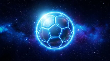 Naklejka premium Glowing futuristic soccer ball floating in deep space with vibrant blue nebula and starfield background