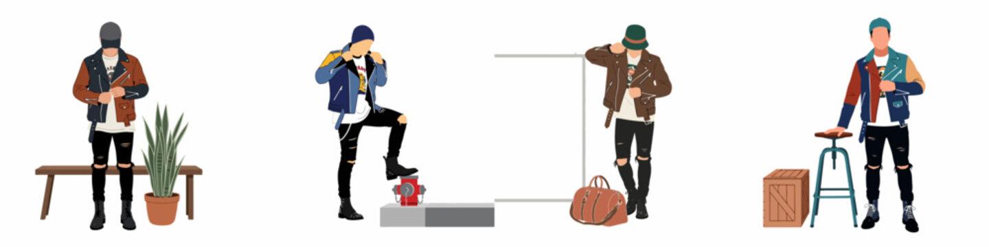 Set of flat vector illustrations featuring a stylish young man in trendy leather jackets, ripped jeans, and urban accessories across four different casual poses.