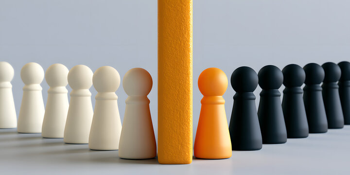 dividing wall between two different colored 3D pawn figurines, social division