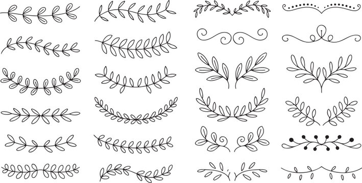 Collection of elegant hand drawn botanical page dividers and decorative scroll elements perfect for wedding invitations