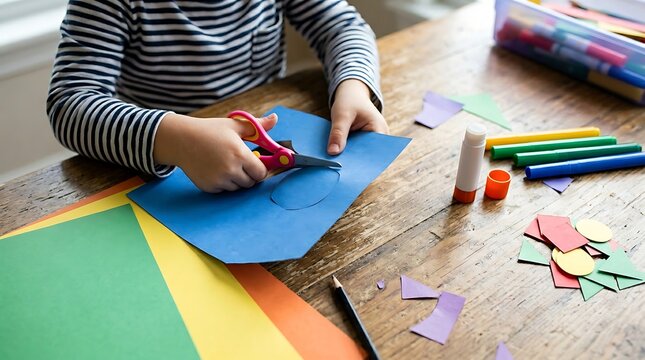 Close up of child hands cutting a circular shape out of blue paper with scissors on a wooden table with supplies and colorful paper scraps