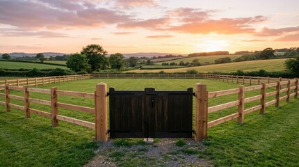 Obraz premium Wooden gate opening into a fenced green field at sunset. Pastoral rural landscape with rolling hills and agricultural farmland. Peaceful countryside scenery for nature travel concept.
