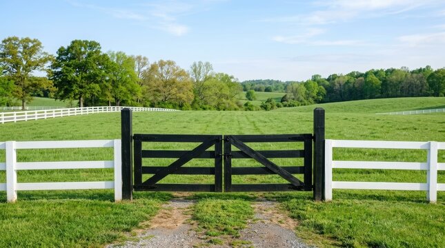 Black wooden gate entrance leading to a green grassy pasture. White rural fence enclosing a livestock meadow on a sunny spring day. Landscape scenery of countryside farm and land.