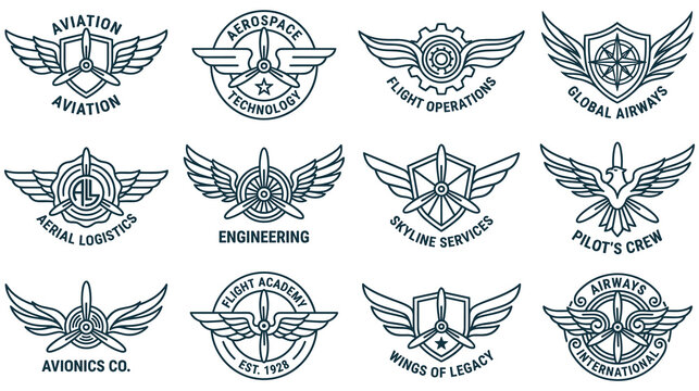 Aviation emblems with wings and propellers for professional flight logos.