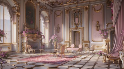Obraz premium Luxurious Elegant Rococo Style Palace Interior with Gold Detailing Soft Lighting Pink Flowers