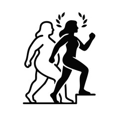 Obraz premium Weight loss success and fitness achievement concept. Fit female silhouette climbing stairs with laurel wreath. Flat vector illustration