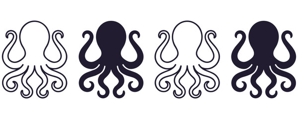 Set of four octopus vector illustration, solid and outline style aquatic animal. © Amina