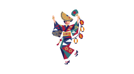 Obraz premium Traditional Japanese Folk Dancer in Kimono with Fan and Lanterns Illustration