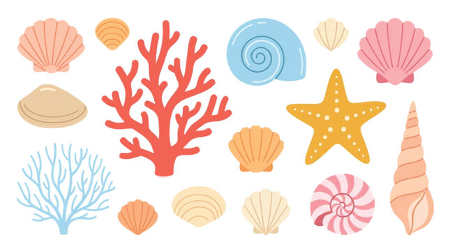 Pastel sea shells and coral reef collection, 14 underwater ocean elements vector set, decorative starfish and seashell illustrations for summer beach design