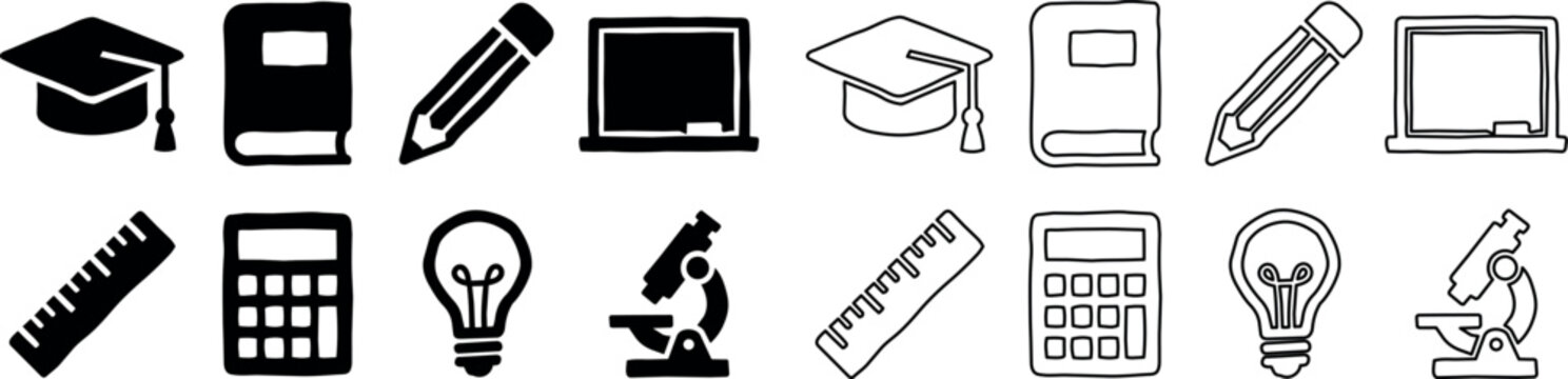 Education icons set featuring graduation cap, book, pencil, laptop, ruler, calculator, light bulb, and microscope