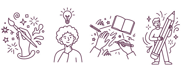 Set of line art illustrations depicting creativity and education concepts. © Amina