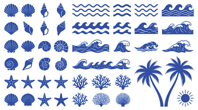 Nautical summer icons set, blue sea waves and seashells collection, tropical palm trees and ocean coral vector elements for beach branding