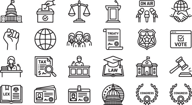 Set of government and politics line icons featuring law, justice, voting, and public administration symbols vector illustration