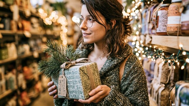 Thoughtful holiday shopper comparing a single handcrafted gift with textured wrapping, natural ribbon, and artisan paper in a cozy store aisle; pine sprigs, warm string lights, and careful selection