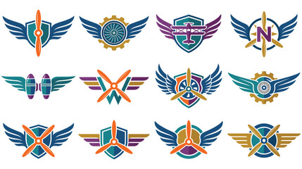 Aviation emblems with propellers wings and gear icons for pilot insignia. © Amina