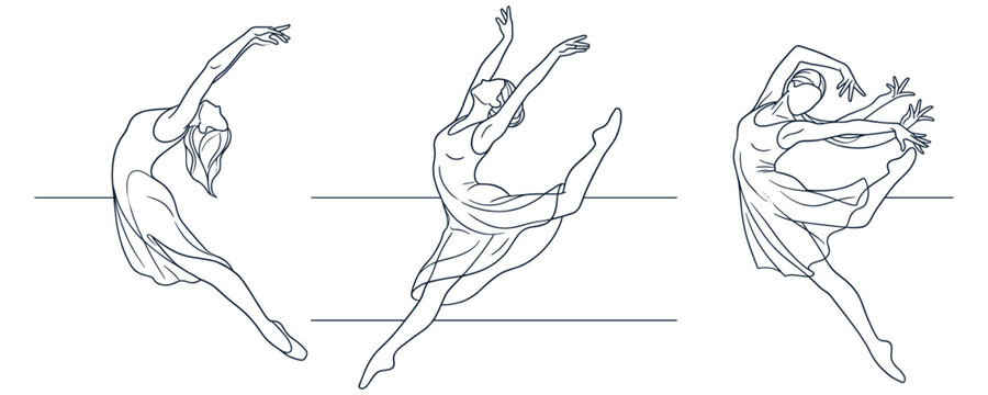 Three graceful ballet dancers performing elegant poses in simple line art.