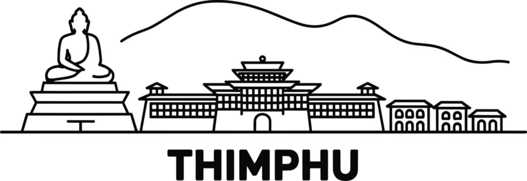 Thimphu city skyline Bhutan line art featuring the buddha dordenma statue, tashichho dzong monastery, and himalayan mountain landscape and capital