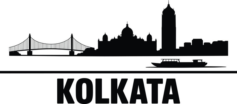 Kolkata city skyline black silhouette featuring howrah bridge, iconic dome buildings, and a tall modern skyscraper with a boat and South Asia and west
