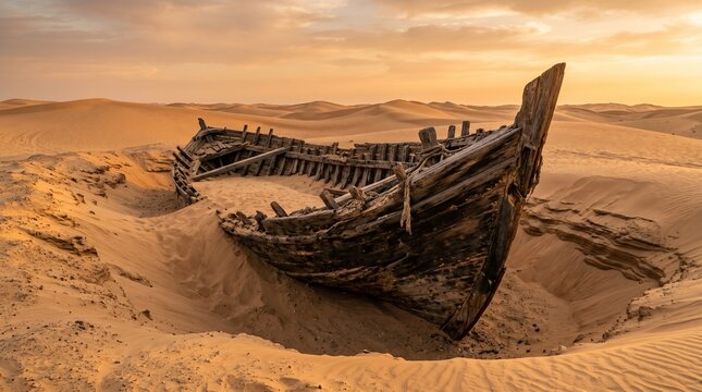 An ancient wooden ship partially excavated from beneath desert sand dunes, exposed hull emerging from the ground