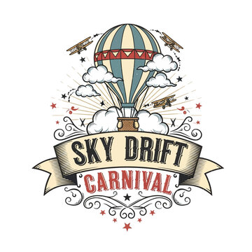 Sky Drift Carnival vintage hot air balloon and airplane illustration.