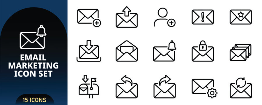 Email Marketing Icon Set Featuring 15 Newsletter and Digital Communication Line Icons, Mail Advertising Elements with Envelope, Inbox, Notification Bell, Security Lock, and Settings Symbols on White.