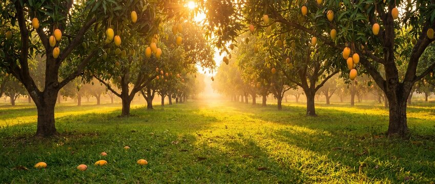 Golden sunlight illuminates a lush mango orchard with ripe fruit hanging from trees in a serene farm plantation setting during a warm summer morning with soft mist