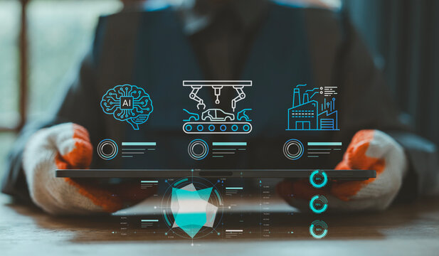 Intelligent factory automotive industrial concept worker holding tablet with holographic AI brain artificial intelligence and smart car assembly line