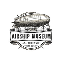 Vintage airship museum aviation heritage emblem with dirigible and ropes. © Stylee