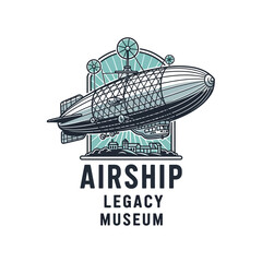 Vintage Airship Legacy Museum badge with dirigible and city skyline. © Stylee