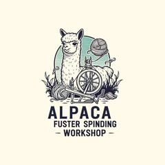 Vintage alpaca spinning workshop logo emblem with llama and wheel. © Stylee