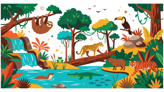 Wildlife habitat scene with tropical animals in lush jungle forest park.