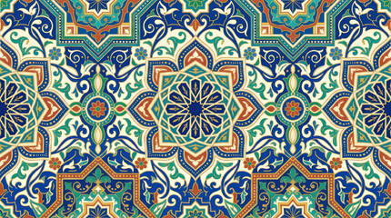 Fototapeta premium Intricate Geometric Pattern with Floral Motifs in Blue Green and Orange.