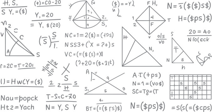 Hand drawn mathematical equations geometric shapes and grid on white background mathematics formula geometry