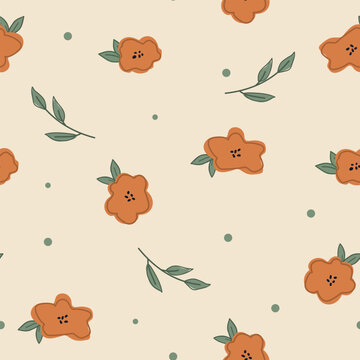 Terracotta floral seamless pattern with boho flowers and green leaves for organic cosmetic packaging eco branding textile and botanical surface design
